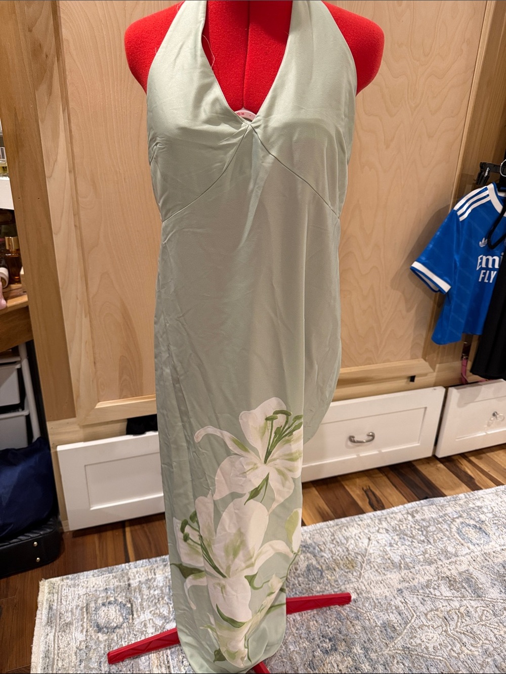 Jolie Sage Halter Maxi Slip Dress with White Floral Print